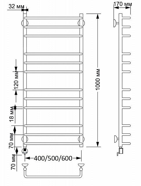 Полотенцесушитель электрический латунный Secado Мерида 3 50x100 бронза